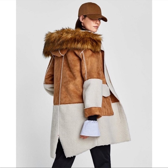 ZARA NWT Tan Faux Shearling Sherpa Fleece Detachable Fur Trim Hooded Parka Coat - Picture 1 of 17